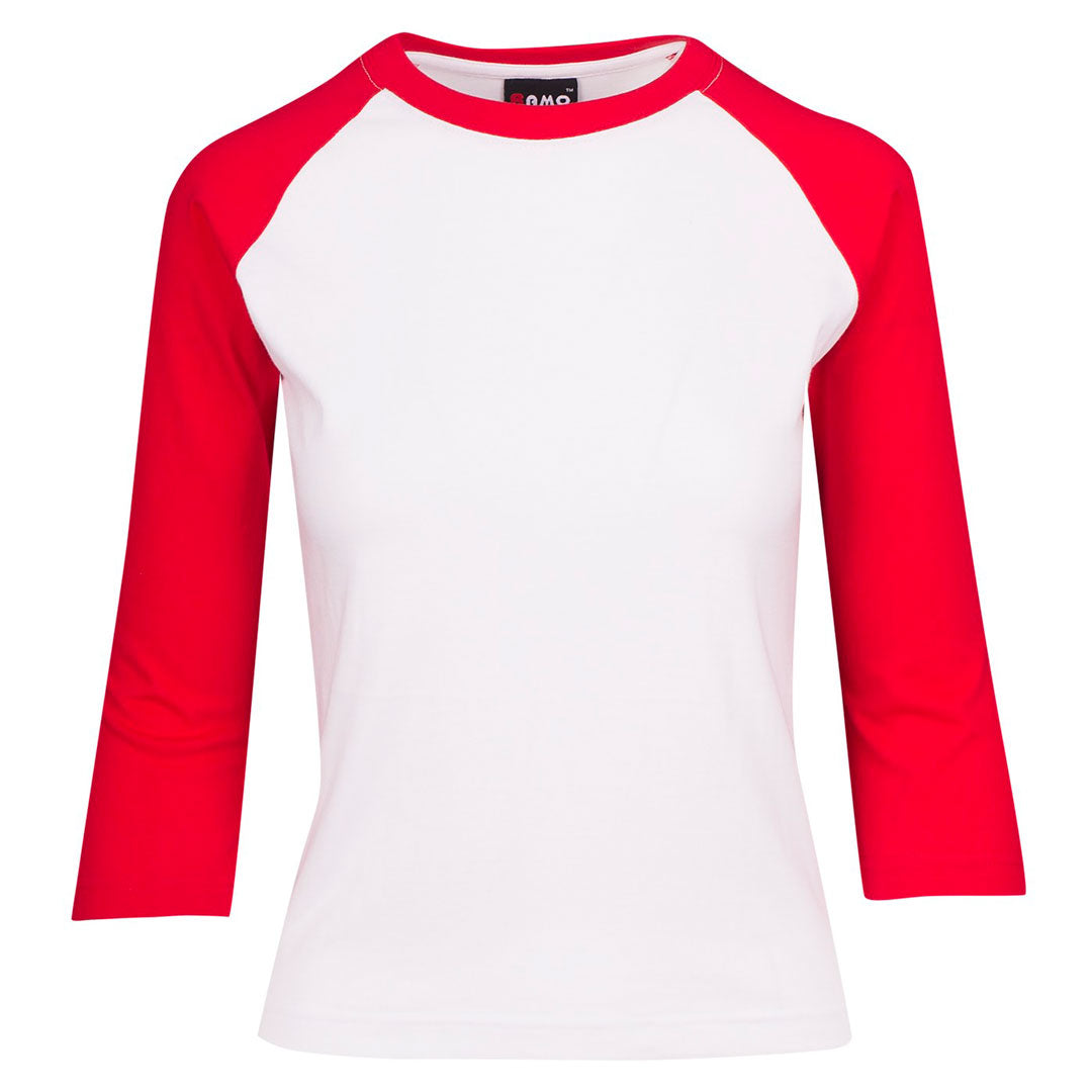 House of Uniforms The 3/4 Raglan Sleeve Tee | Ladies Ramo White/Red