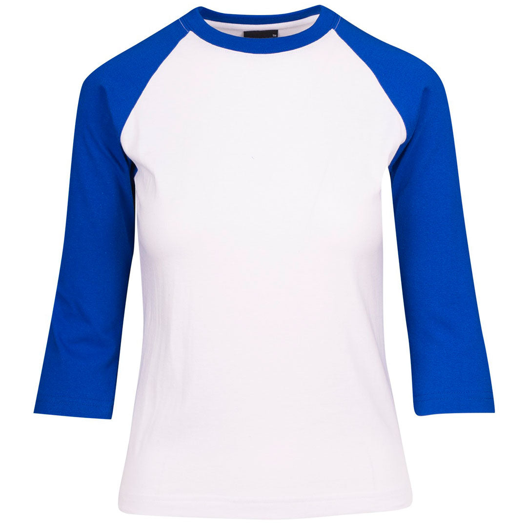 House of Uniforms The 3/4 Raglan Sleeve Tee | Ladies Ramo White/Royal