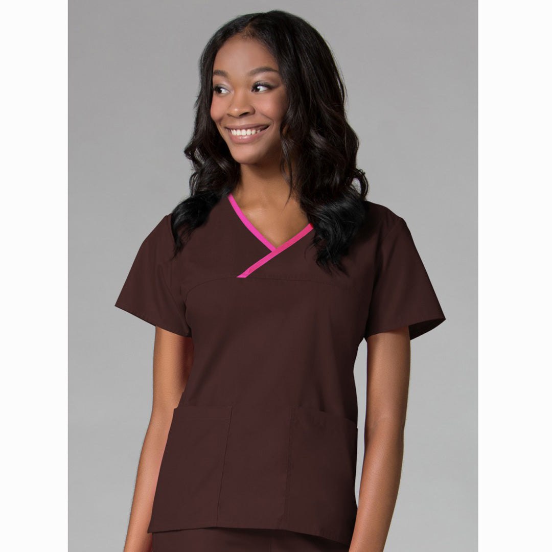 House of Uniforms The Core Contrast Wrap Scrub Top | Ladies Maevn Chocolate