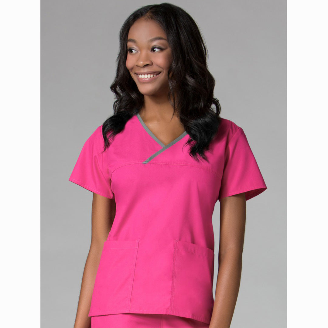 House of Uniforms The Core Contrast Wrap Scrub Top | Ladies Maevn Hot Pink