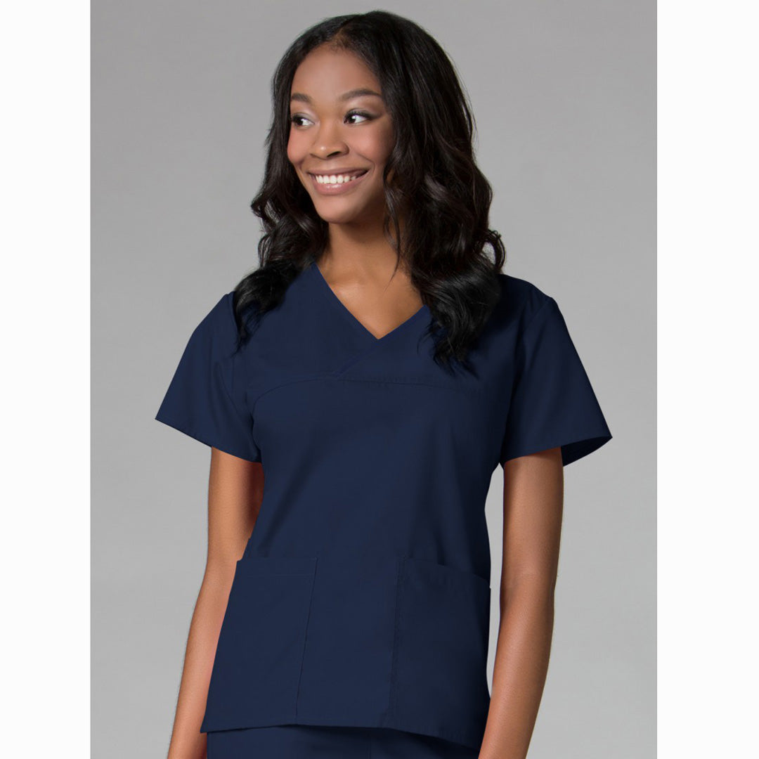 House of Uniforms The Core Contrast Wrap Scrub Top | Ladies Maevn Navy