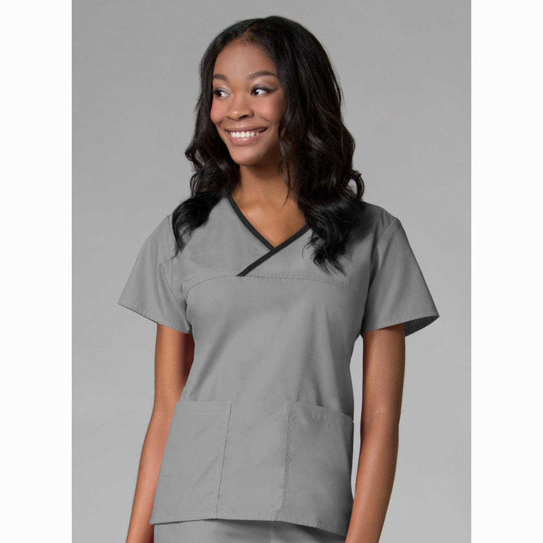 House of Uniforms The Core Contrast Wrap Scrub Top | Ladies | Plus Maevn Pewter