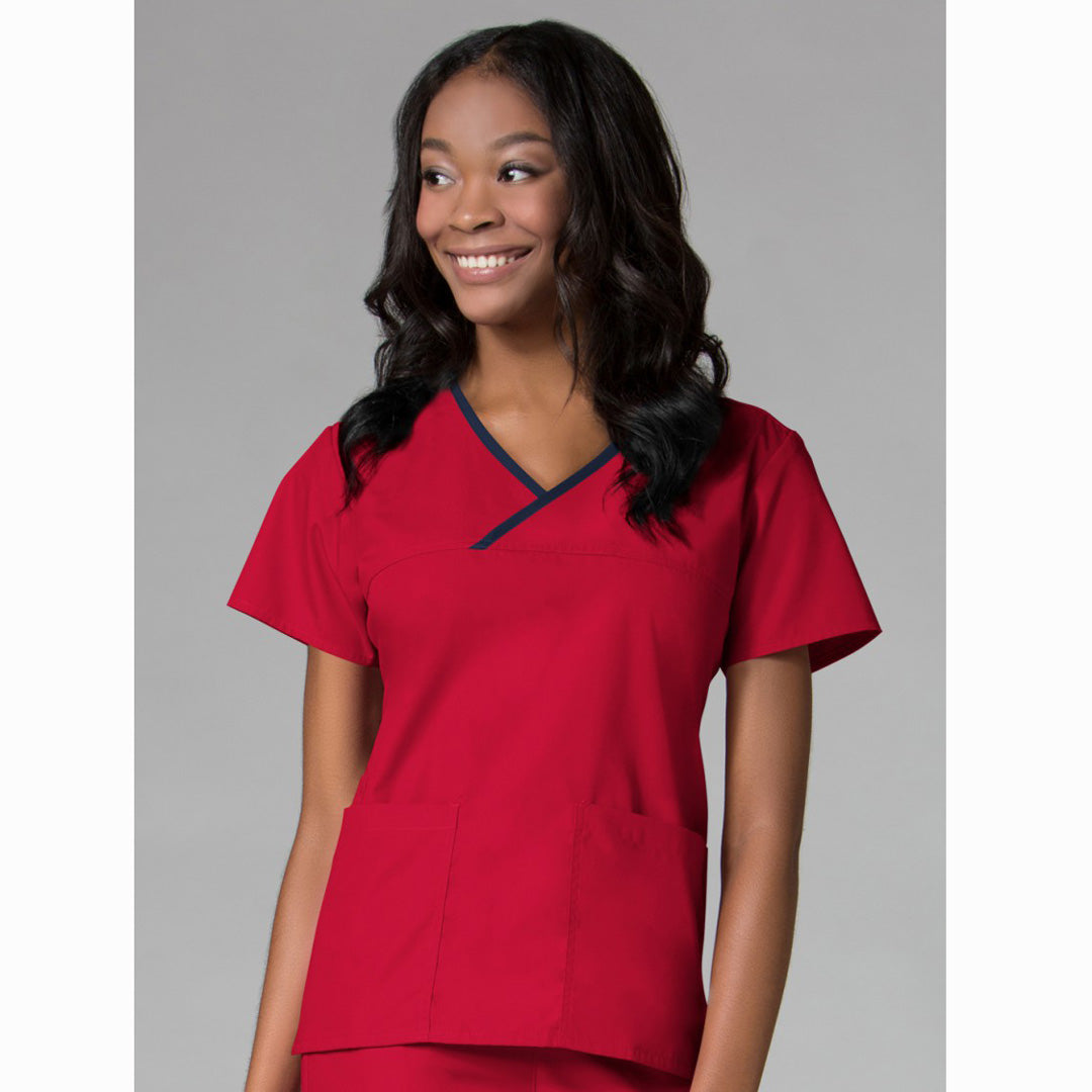 House of Uniforms The Core Contrast Wrap Scrub Top | Ladies | Plus Maevn Red