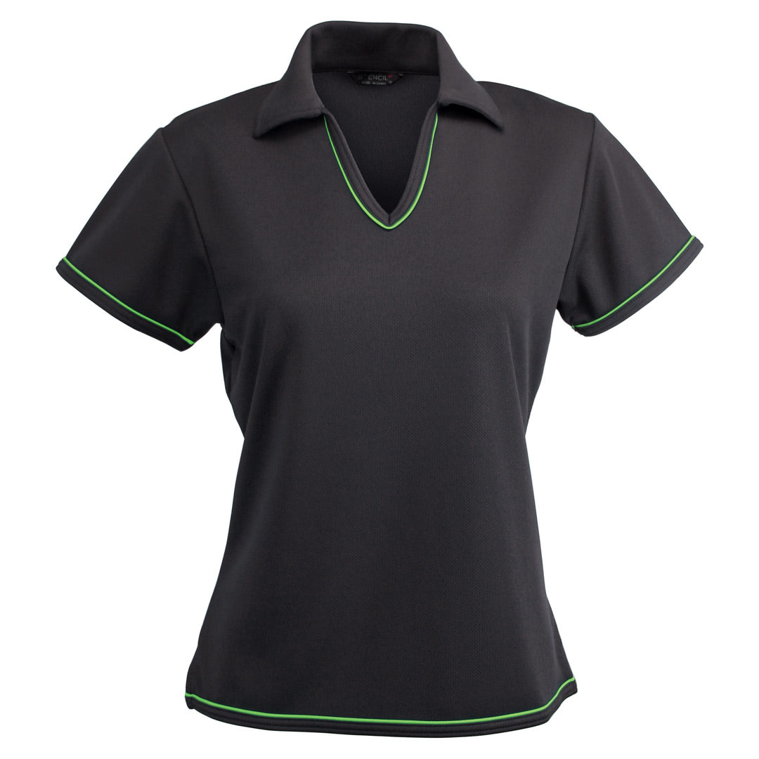House of Uniforms The Cool Dry Polo | Ladies | Short Sleeve Stencil Charcoal/Lime