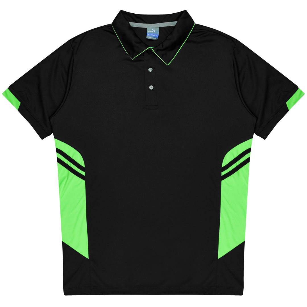 House of Uniforms The Tasman Polo | Mens | Short Sleeve | Black Base Aussie Pacific Black/Neon Green