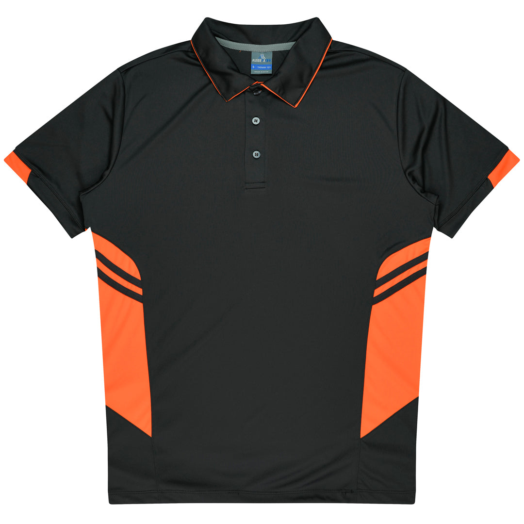 House of Uniforms The Tasman Polo | Mens | Short Sleeve | Grey Base Aussie Pacific Slate/Neon Orange