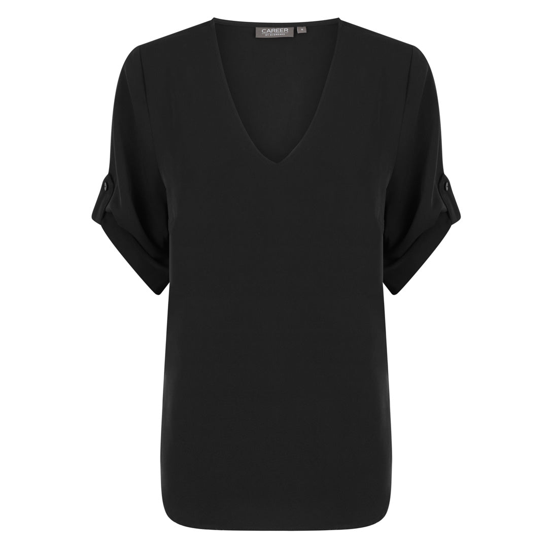 House of Uniforms The Reese V Neck Top | Ladies | Short Sleeve Gloweave Black