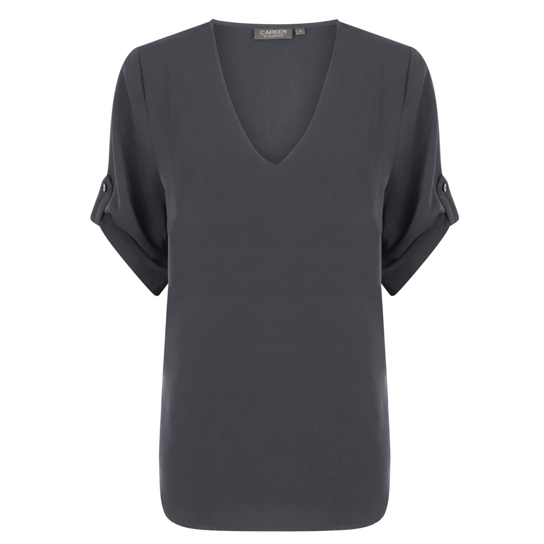 House of Uniforms The Reese V Neck Top | Ladies | Short Sleeve Gloweave Charcoal