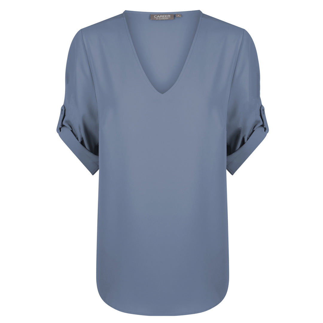 House of Uniforms The Reese V Neck Top | Ladies | Short Sleeve Gloweave Denim