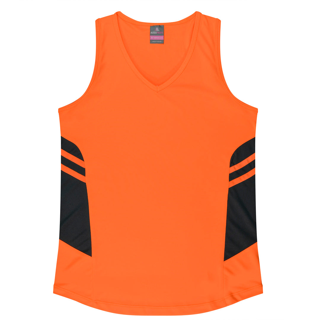 House of Uniforms The Tasman Singlet | Ladies | Neon Base Aussie Pacific Neon Orange/Slate
