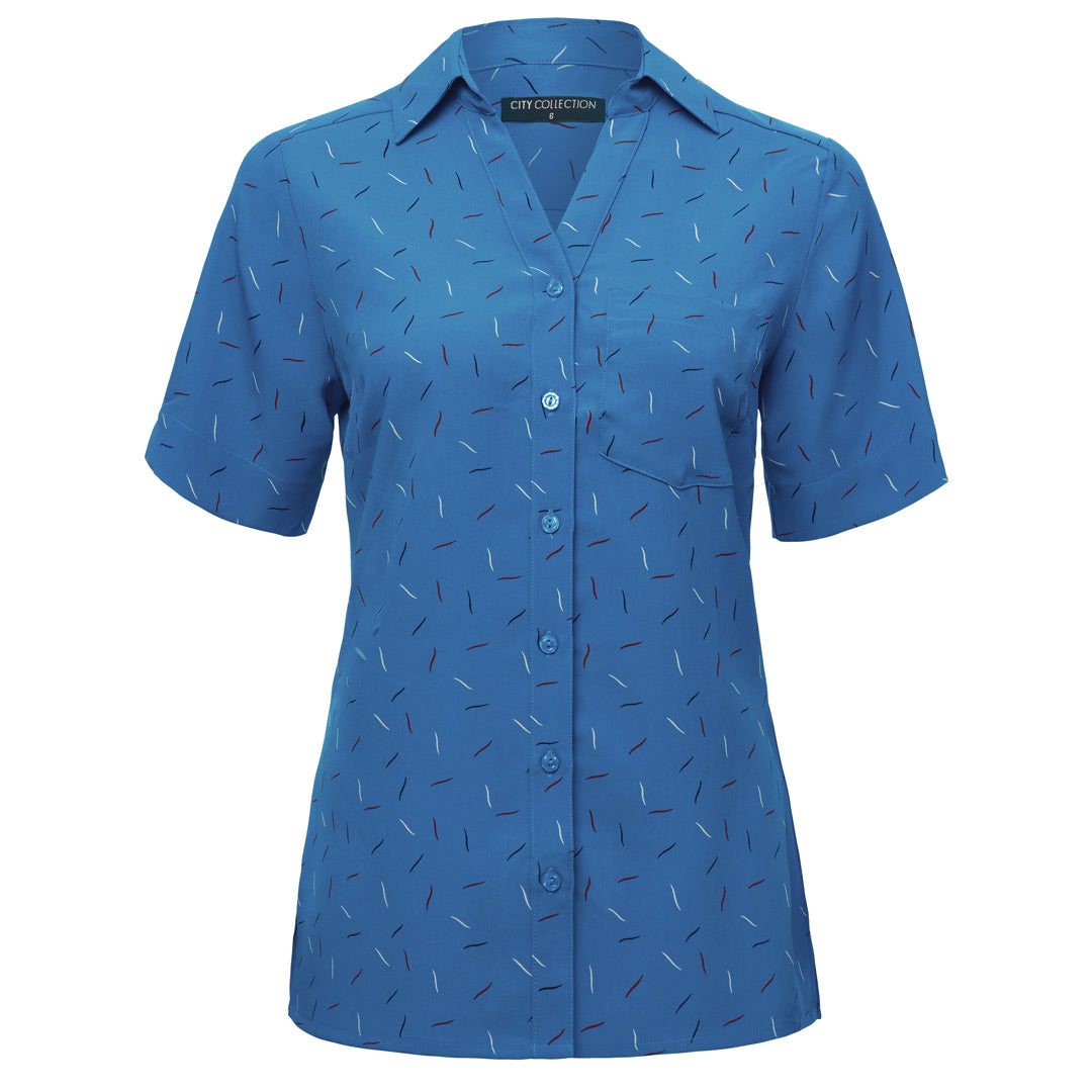 House of Uniforms The Drift Print Blouse | Short Sleeve | Ladies City Collection Mid Blue