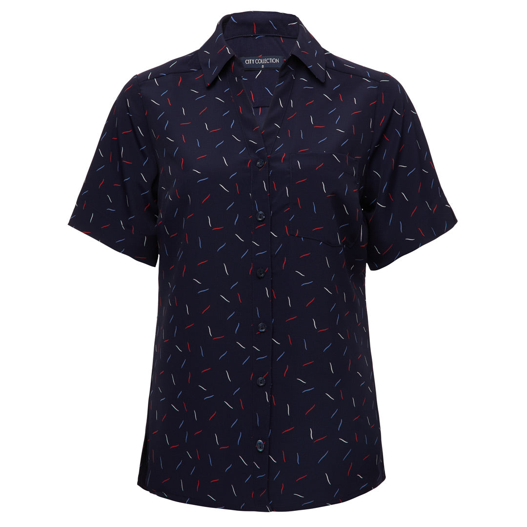 House of Uniforms The Drift Print Blouse | Short Sleeve | Ladies City Collection Navy