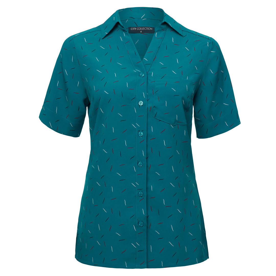 House of Uniforms The Drift Print Blouse | Short Sleeve | Ladies City Collection Teal