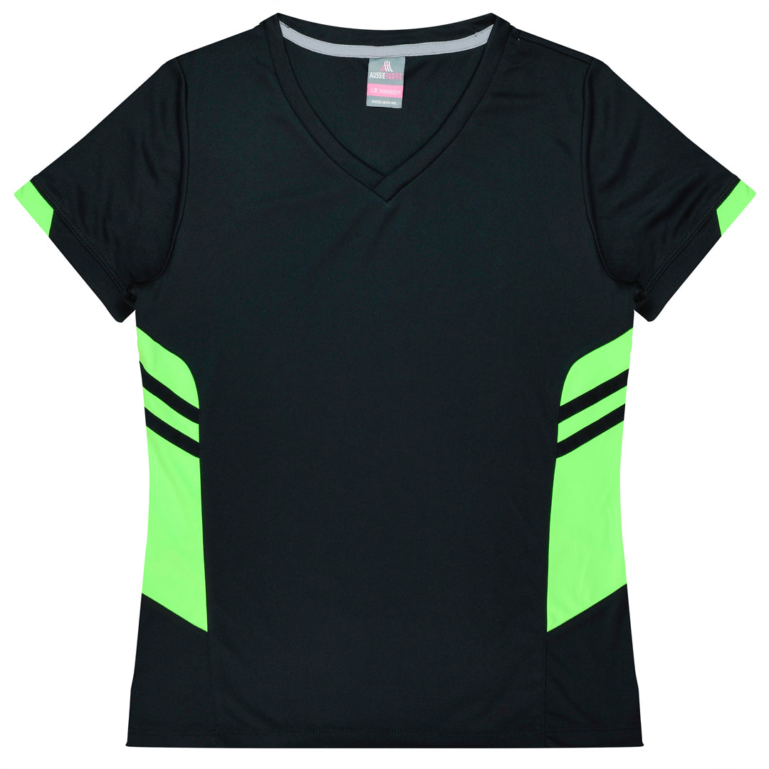 House of Uniforms The Tasman Tee | Ladies | Short Sleeve | Black Base Aussie Pacific Black/Neon Green