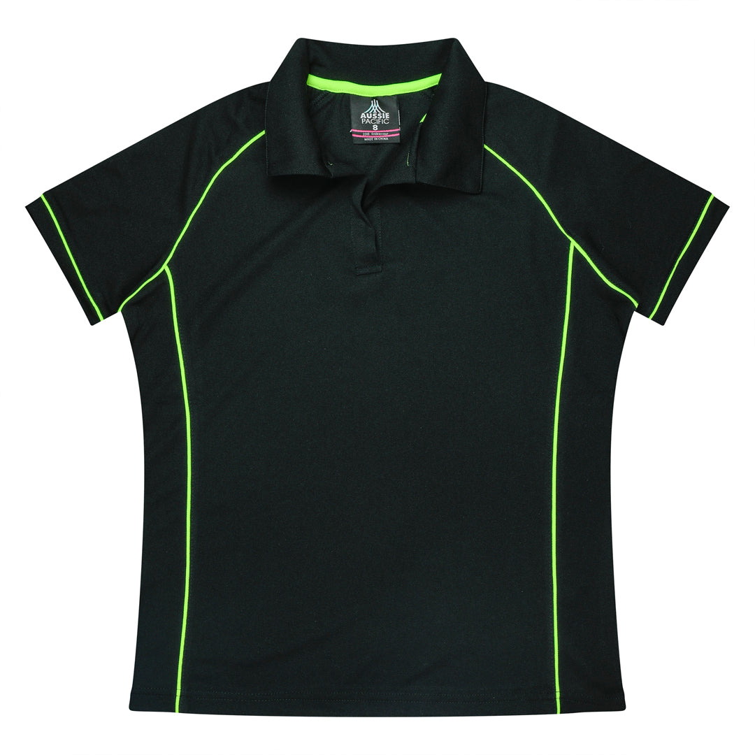 House of Uniforms The Endeavour Polo | Ladies | Short Sleeve | Plus Aussie Pacific Black/Fluro Green