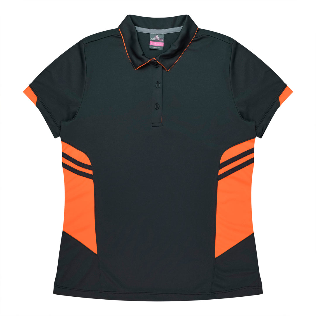 House of Uniforms The Tasman Polo | Ladies | Short Sleeve | Grey Base Aussie Pacific Slate/Neon Orange