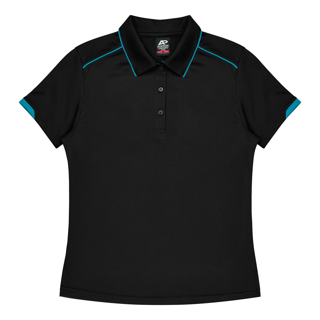 House of Uniforms The Currumbin Polo | Ladies | Short Sleeve Aussie Pacific Black/Cyan
