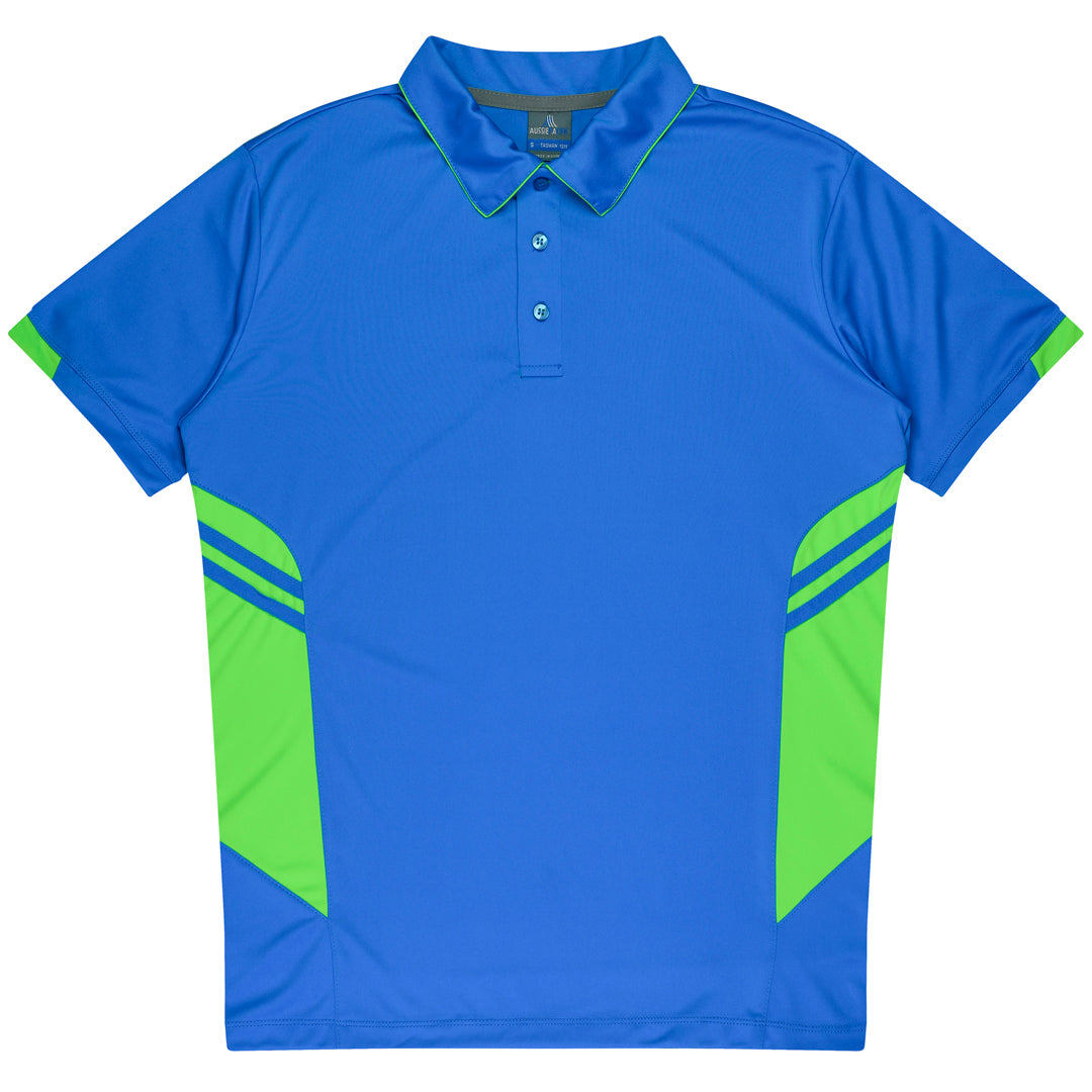 House of Uniforms The Tasman Polo | Kids | Short Sleeve | Blue Base Aussie Pacific Cyan/Neon Green