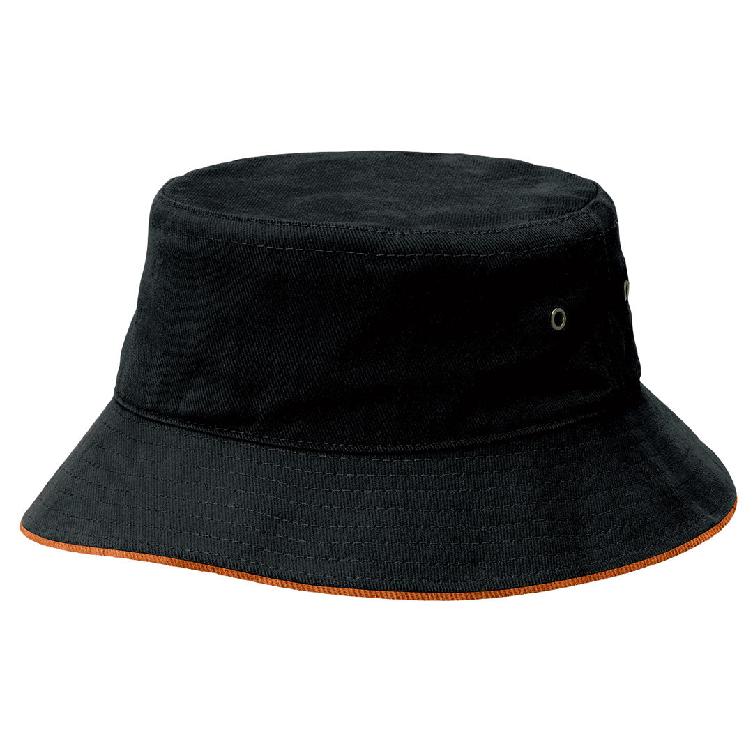 House of Uniforms The Sandwich Brim Bucket Hat | Adults Legend Black/Orange