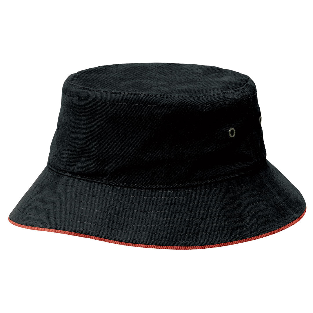 House of Uniforms The Sandwich Brim Bucket Hat | Adults Legend Black/Red