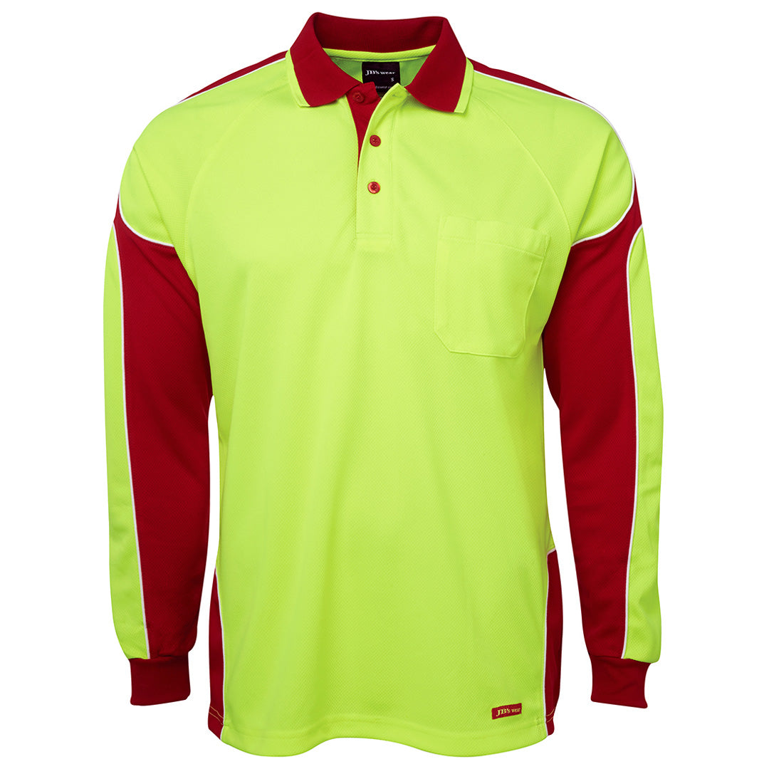House of Uniforms The Arm Panel Hi Vis Polo | Long Sleeve | Adults Jbs Wear Lime/Red