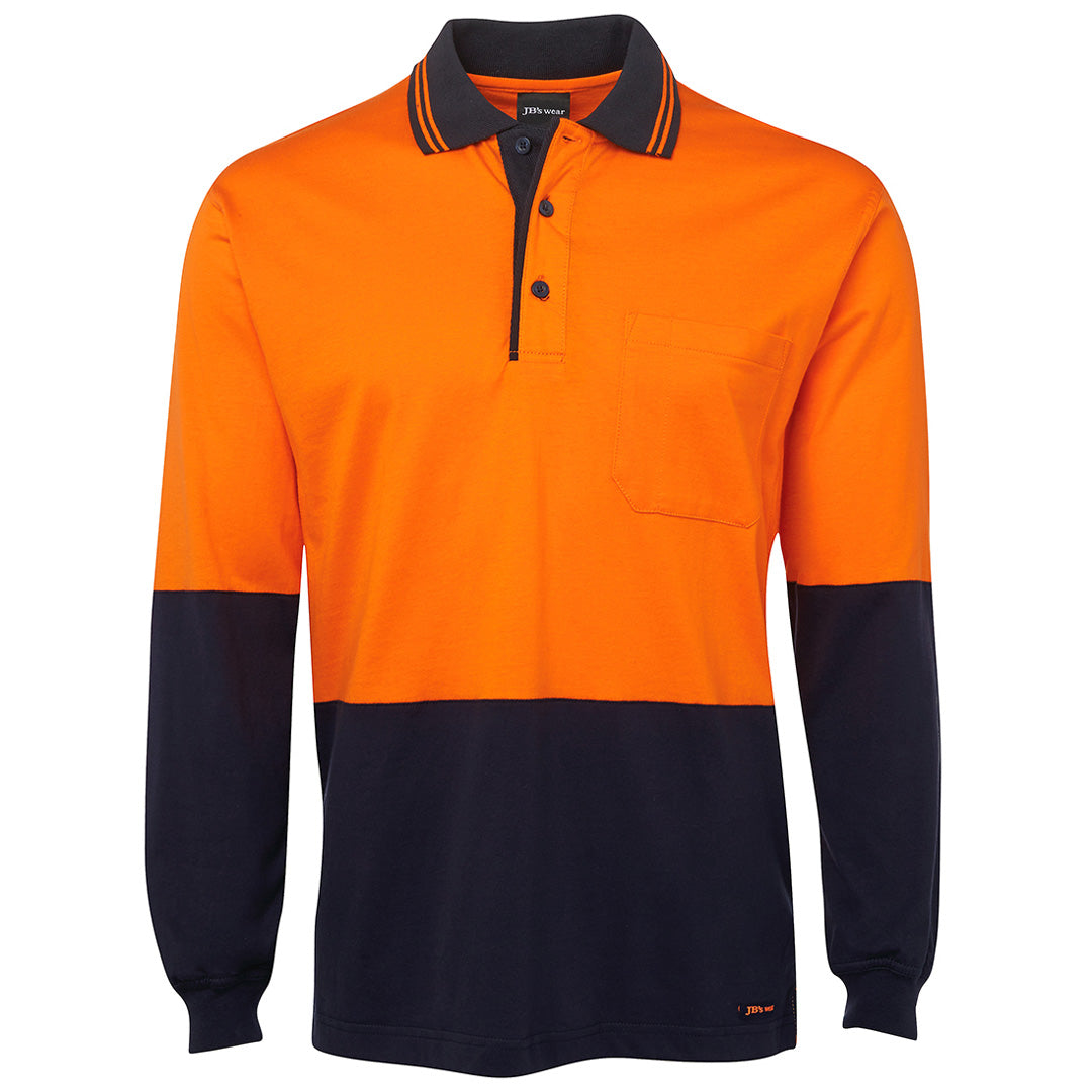 House of Uniforms The Hi Vis Cotton Contrast Polo | Long Sleeve | Adults Jbs Wear Orange/Navy