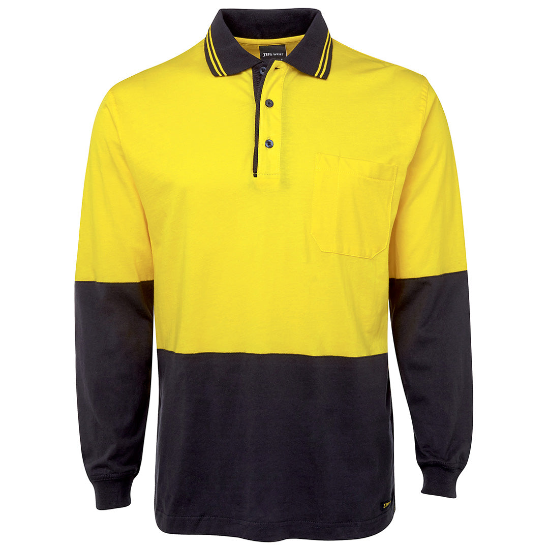 House of Uniforms The Hi Vis Cotton Contrast Polo | Long Sleeve | Adults Jbs Wear Yellow/Navy