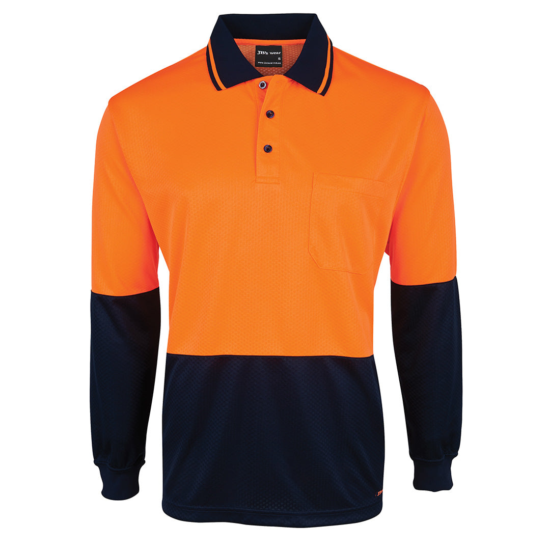 House of Uniforms The Jacquard Non Cuff Hi Vis Polo | Long Sleeve | Adults Jbs Wear Orange/Navy
