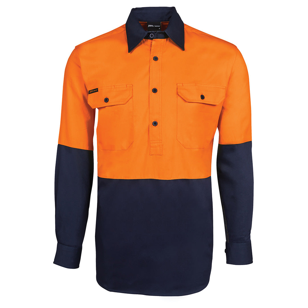 House of Uniforms The Closed Front Hi Vis 190G Work Shirt | Long Sleeve | Adults Jbs Wear Orange/Navy