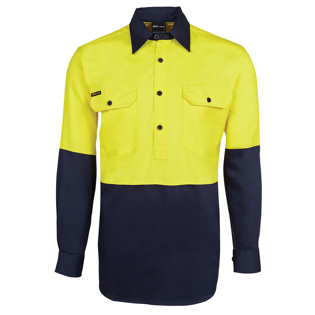 House of Uniforms The Closed Front Hi Vis 190G Work Shirt | Long Sleeve | Adults Jbs Wear Yellow/Navy