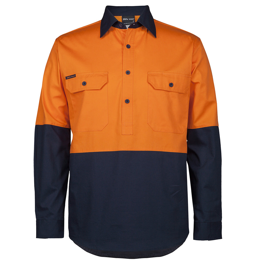 House of Uniforms The Closed Front Hi Vis Work Shirt | Long Sleeve | Adults Jbs Wear Orange/Navy