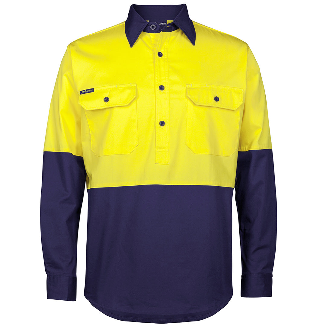 House of Uniforms The Closed Front Hi Vis Work Shirt | Long Sleeve | Adults Jbs Wear Yellow/Navy