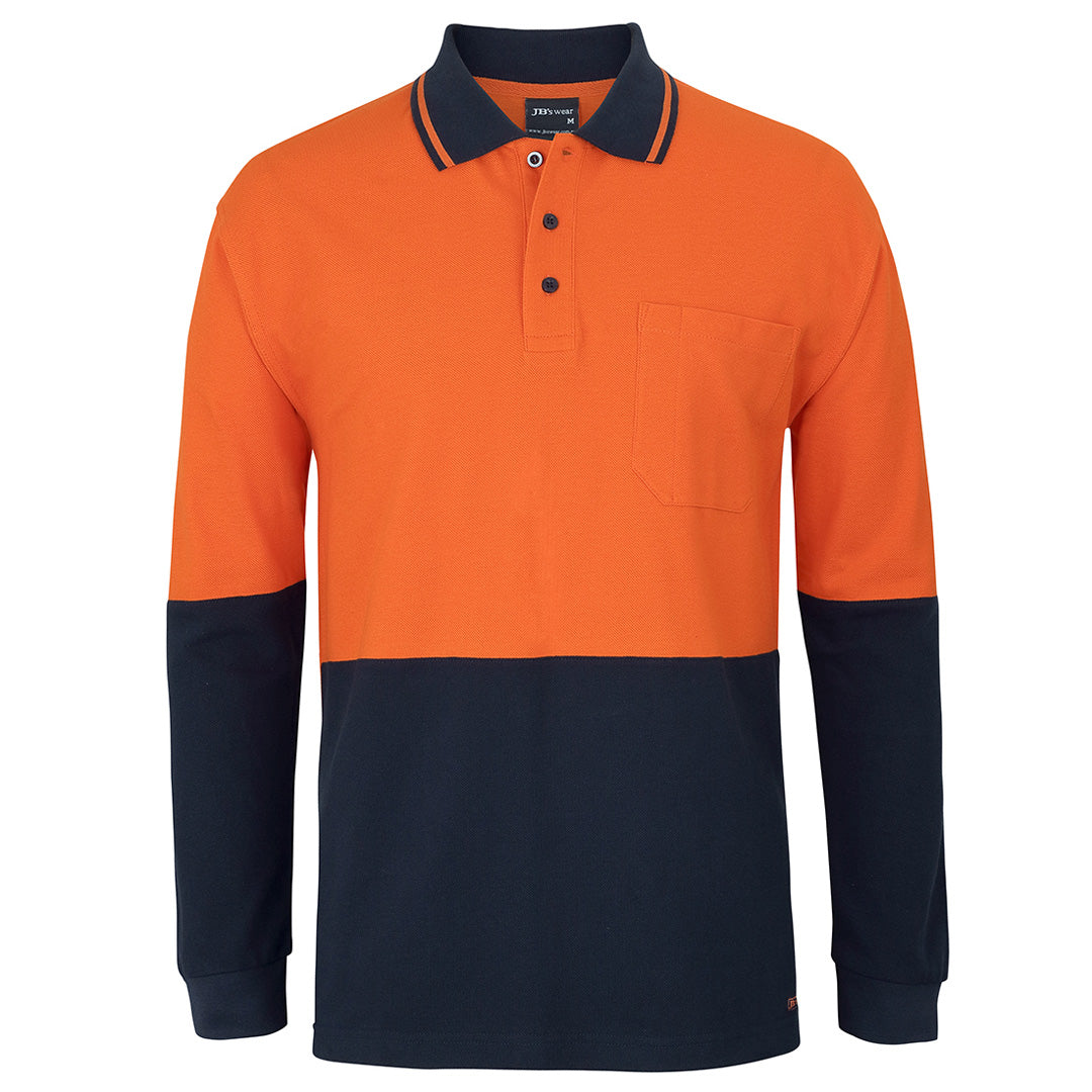House of Uniforms The Hi Vis Cotton Pique Polo | Long Sleeve | Adults Jbs Wear Orange/Navy