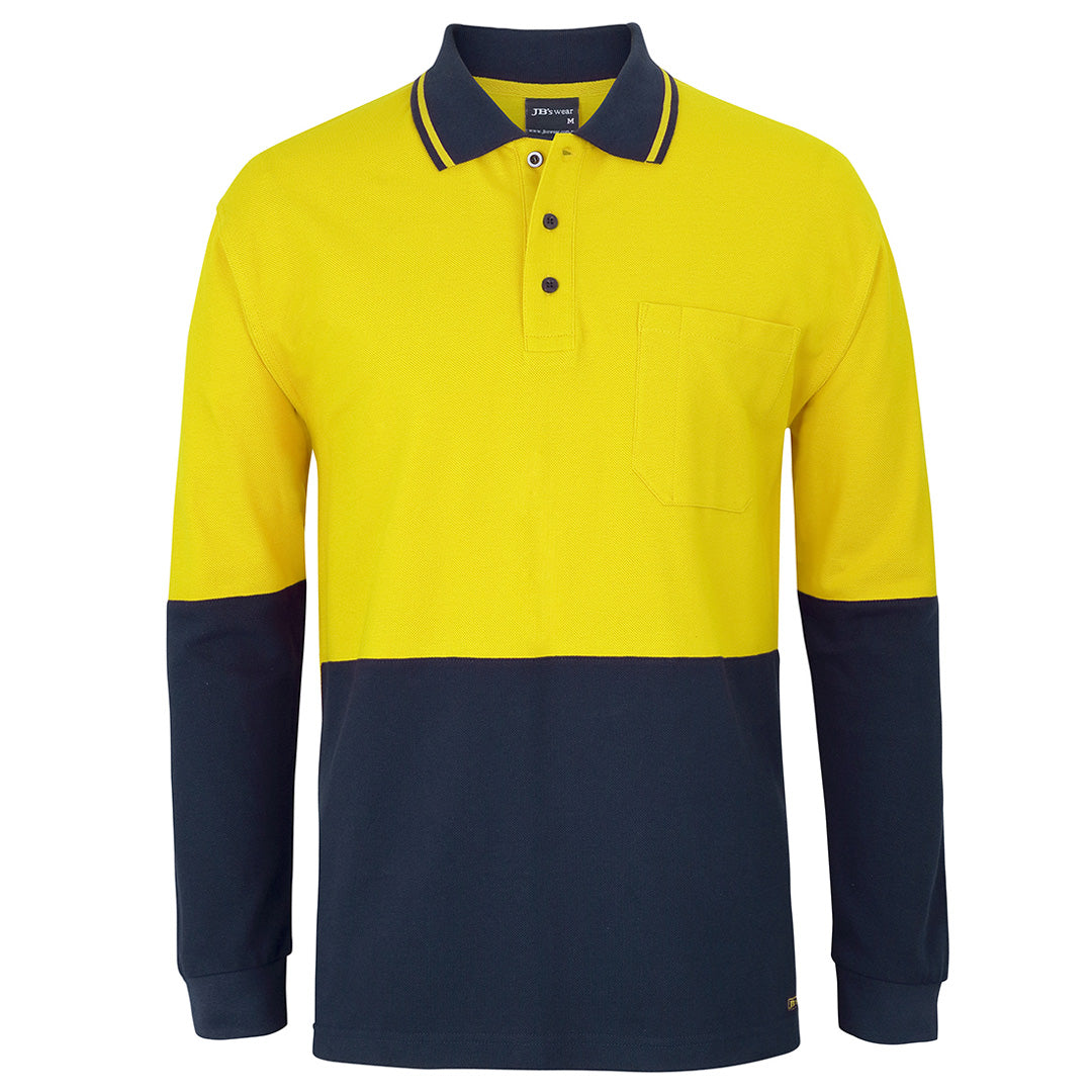 House of Uniforms The Hi Vis Cotton Pique Polo | Long Sleeve | Adults Jbs Wear Yellow/Navy