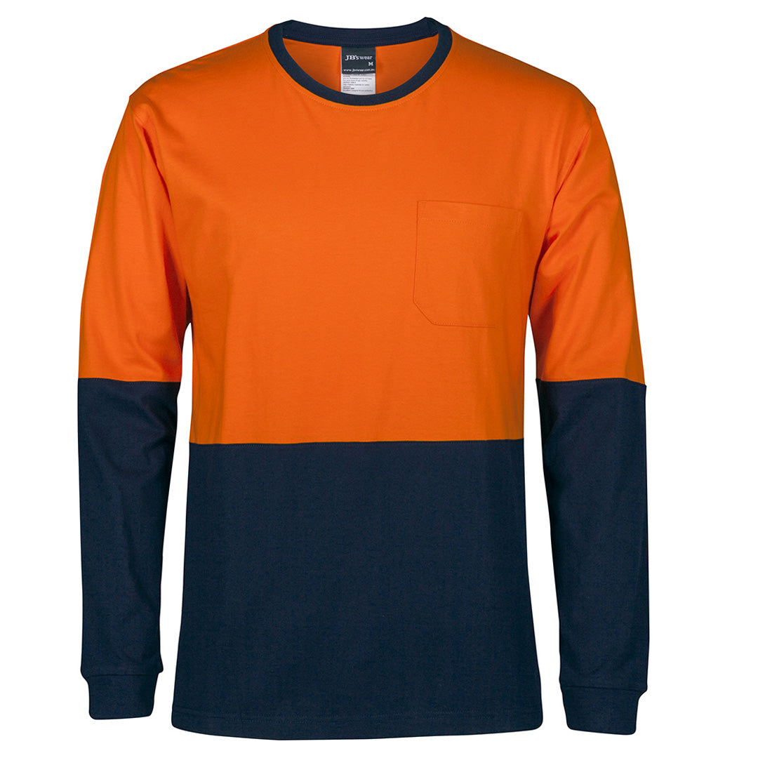House of Uniforms The Hi Vis Cotton Tee Shirt | Long Sleeve | Adults Jbs Wear Orange/Navy