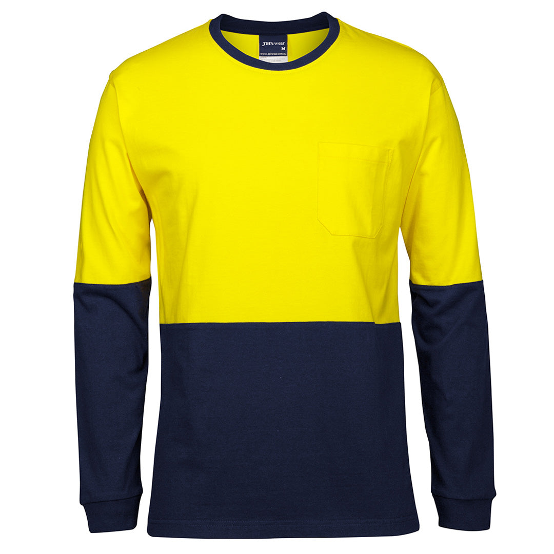 House of Uniforms The Hi Vis Cotton Tee Shirt | Long Sleeve | Adults Jbs Wear Yellow/Navy