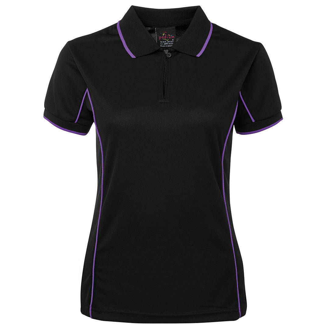 House of Uniforms The Piping Polo | Short Sleeve | Black Base | Ladies Jbs Wear Black/Purple