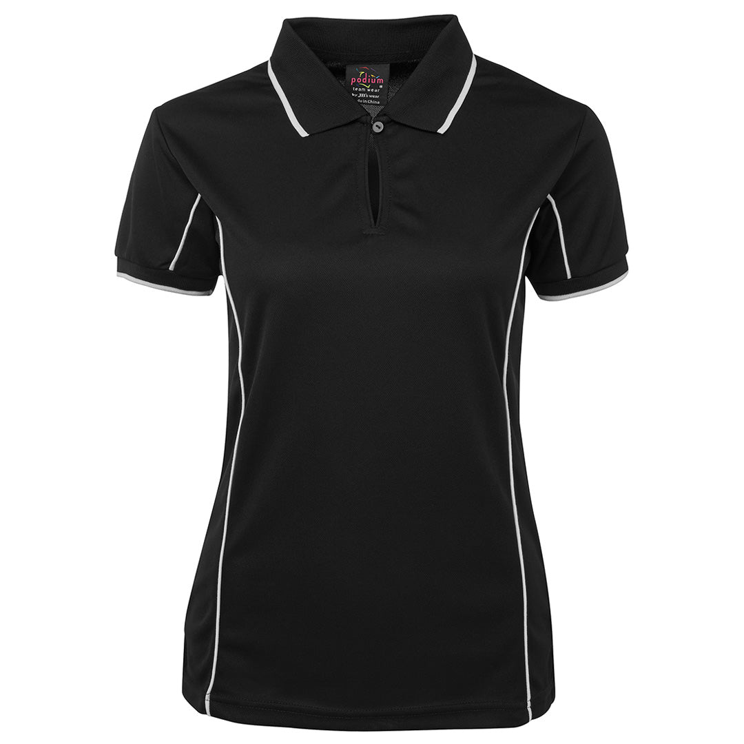 House of Uniforms The Piping Polo | Short Sleeve | Black Base | Ladies Jbs Wear Black/White