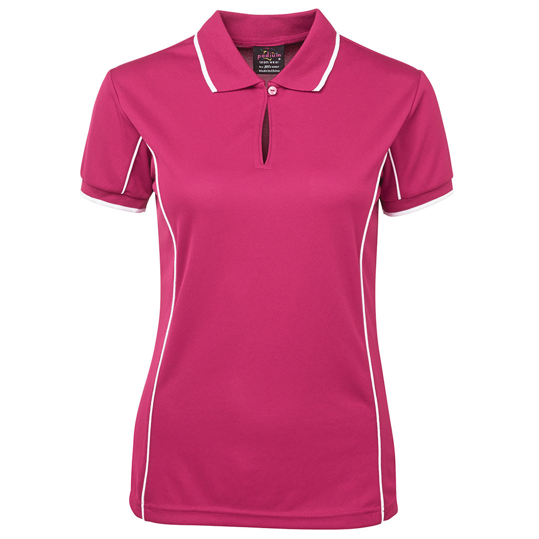 House of Uniforms The Piping Polo | Short Sleeve | Bright Base | Ladies Jbs Wear Hot Pink/White