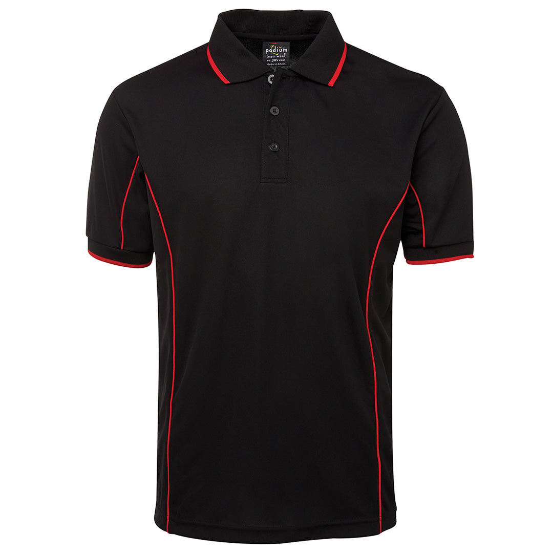 House of Uniforms The Piping Polo | Short Sleeve | Black Base | Adults Jbs Wear Black/Red