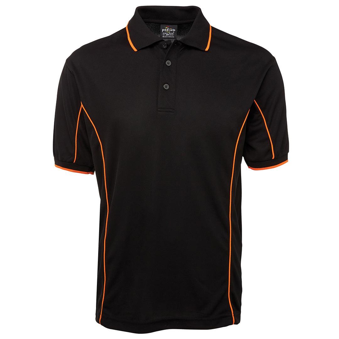 House of Uniforms The Piping Polo | Short Sleeve | Black Base | Adults Jbs Wear Black/Orange
