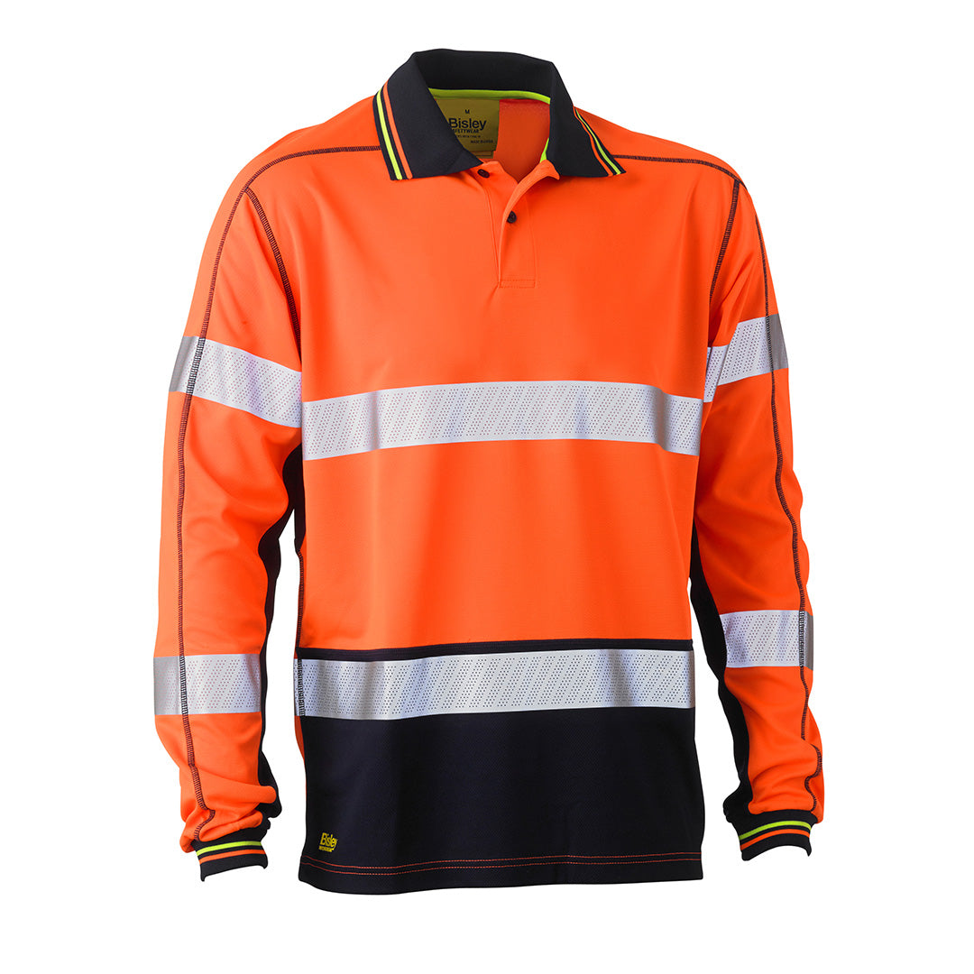 House of Uniforms The Hi Vis Taped Polyester Mesh Polo | Long Sleeve | Mens Bisley Orange/Navy