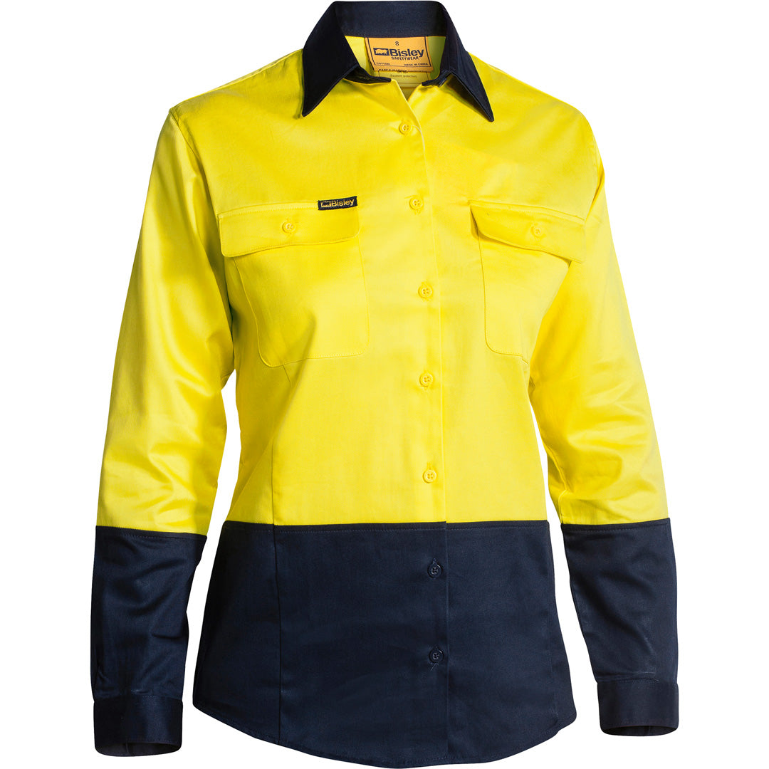 House of Uniforms The Hi Vis Drill Shirt | Day | Long Sleeve | Ladies Bisley Yellow/Navy