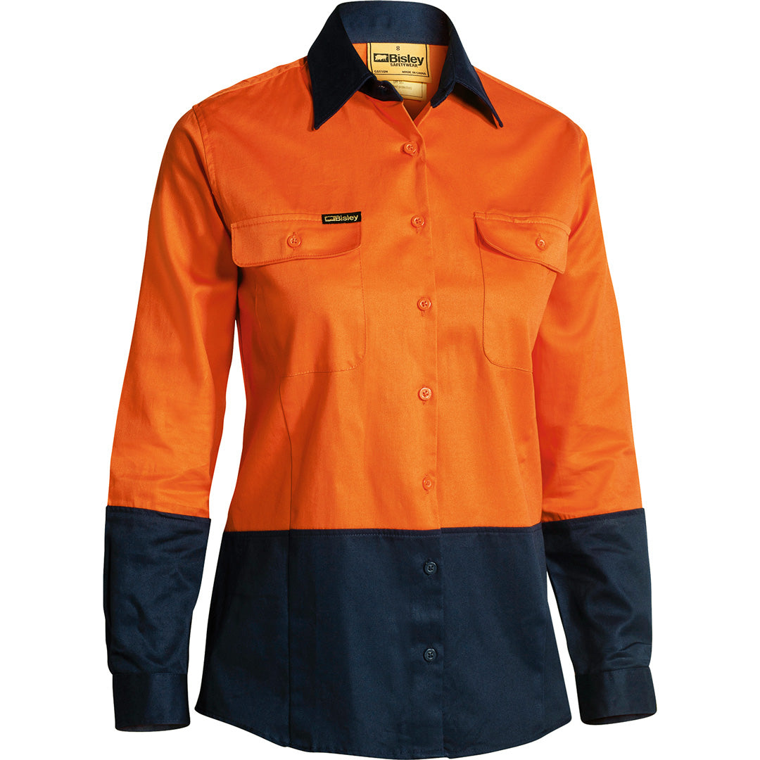 House of Uniforms The Hi Vis Drill Shirt | Day | Long Sleeve | Ladies Bisley Orange/Navy