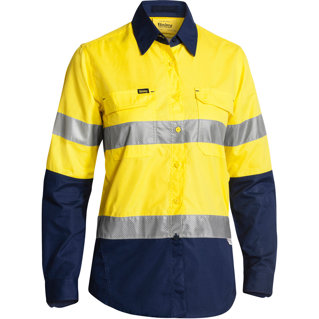 House of Uniforms The X Flow Hi Vis Drill Shirt | Day Night | Long Sleeve | Ladies Bisley Yellow/Navy