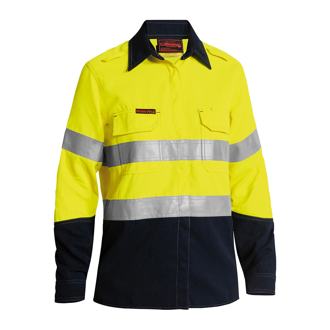 House of Uniforms The Taped Hi Vis Plus Flame Resistant Shirt | Long Sleeve | Ladies Bisley Yellow/Navy