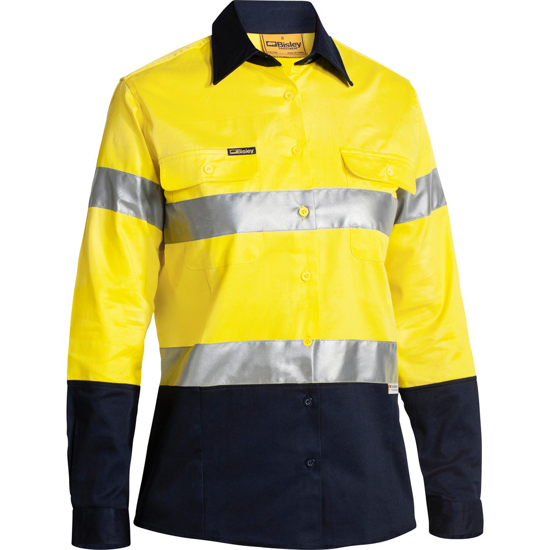 House of Uniforms The Hi Vis Drill Shirt | Day Night | Long Sleeve | Ladies Bisley Yellow/Navy