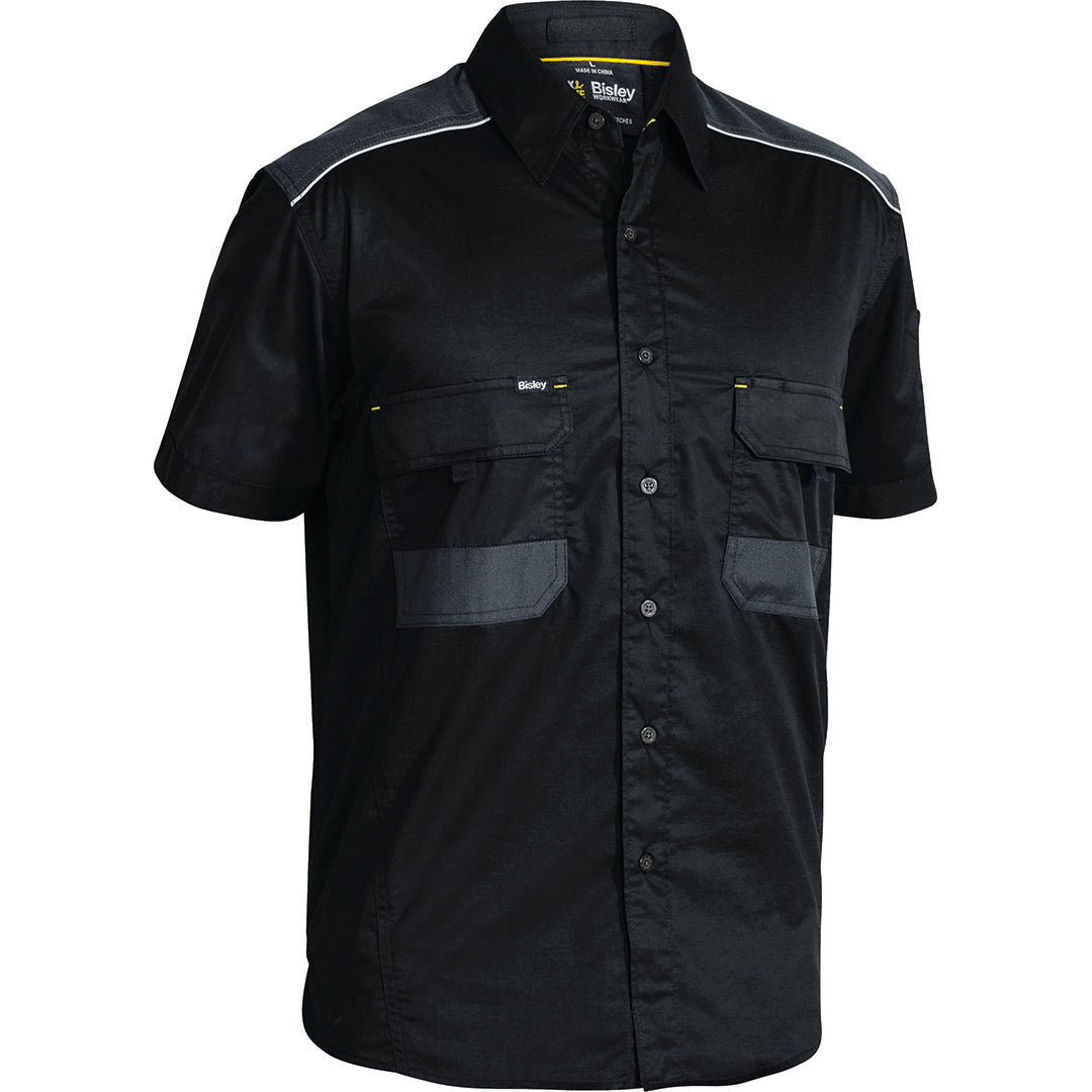House of Uniforms The Flex and Move Mechanical Stretch Shirt | Short Sleeve | Mens Bisley Black