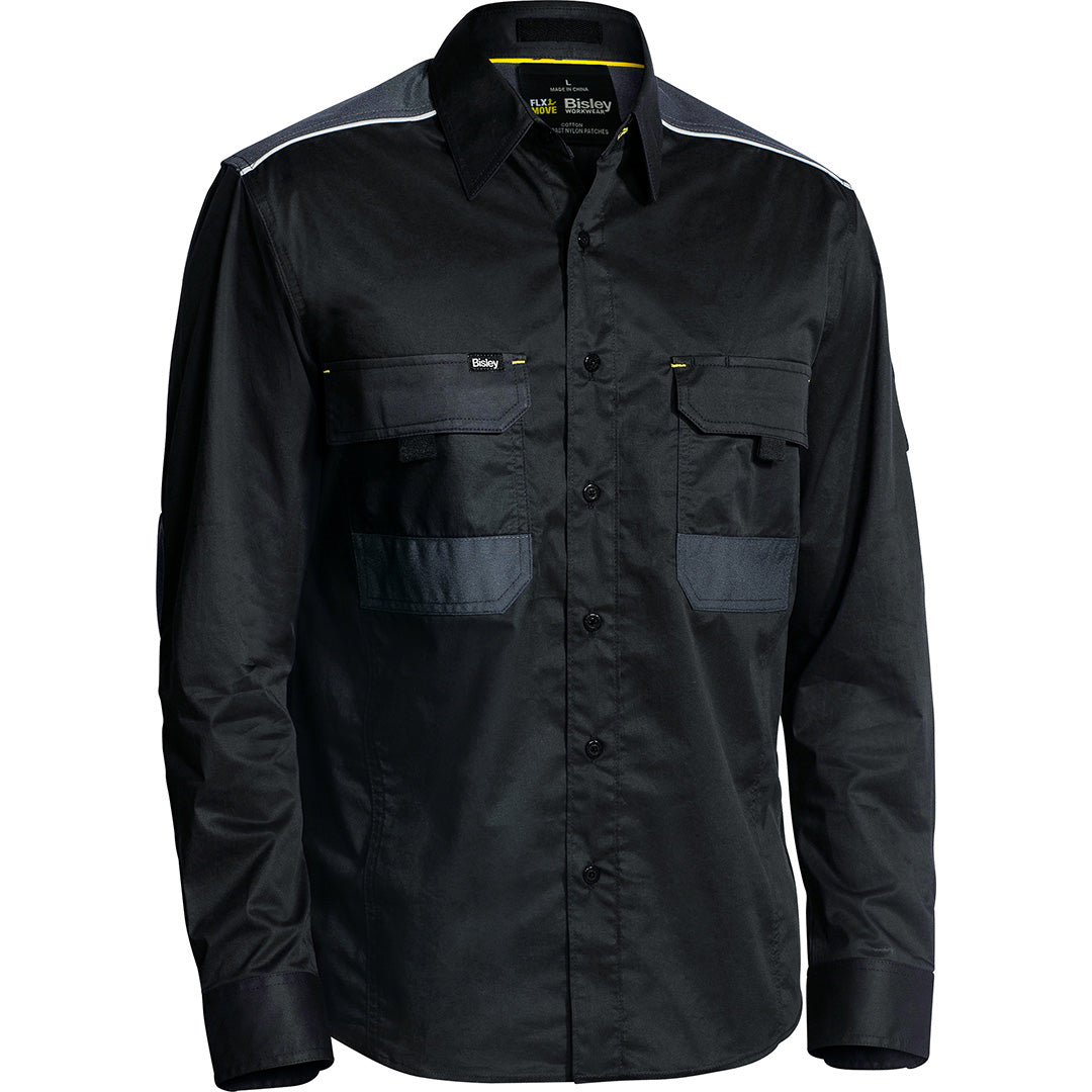 House of Uniforms The Flex and Move Mechanical Stretch Shirt | Long Sleeve | Mens Bisley Black
