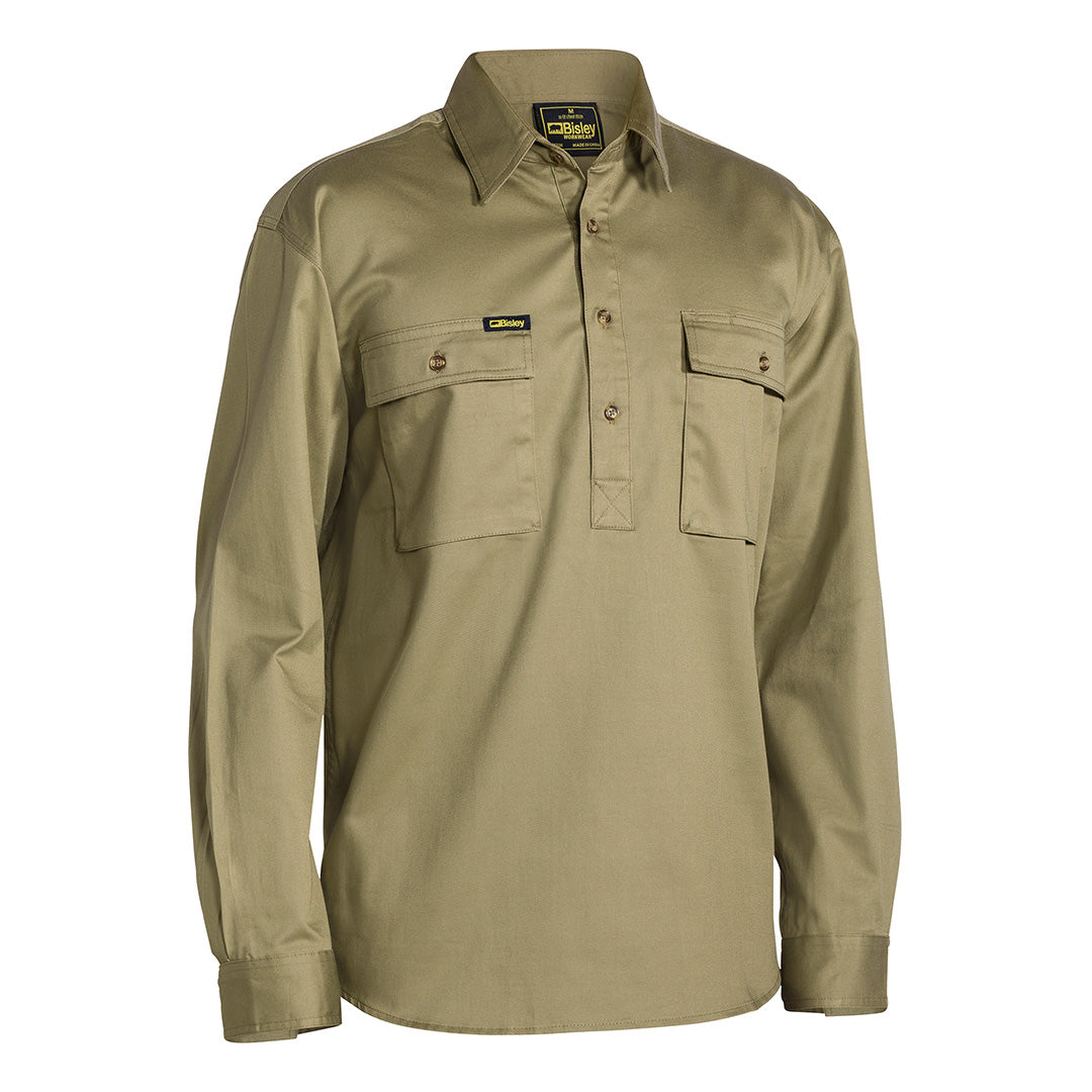 House of Uniforms The Cotton Drill Closed Front Shirt  | Long Sleeve | Mens Bisley Khaki